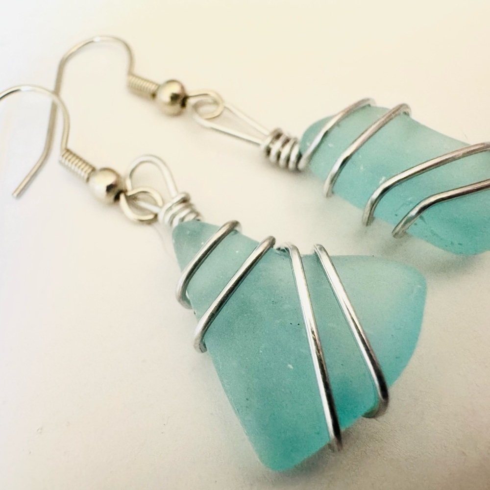Silver and Blue Wire Wrapped Seaglass Earrings